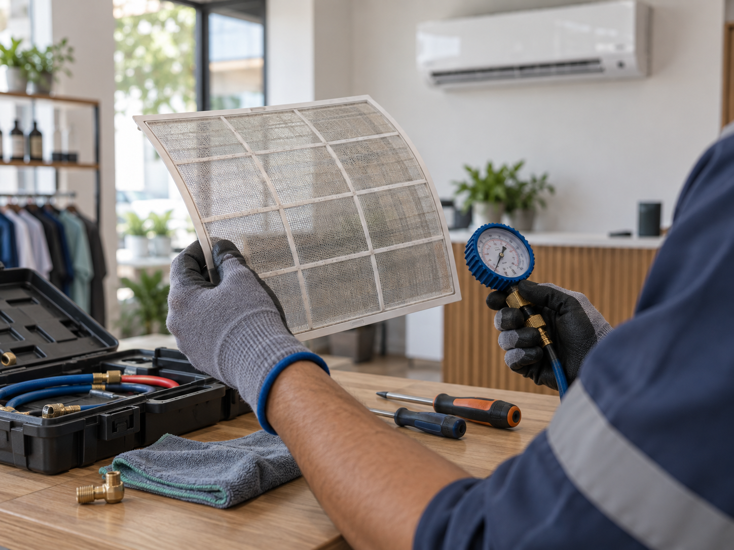 Profissional verificando filtro e ferramentas de um aparelho de ar-condicionado