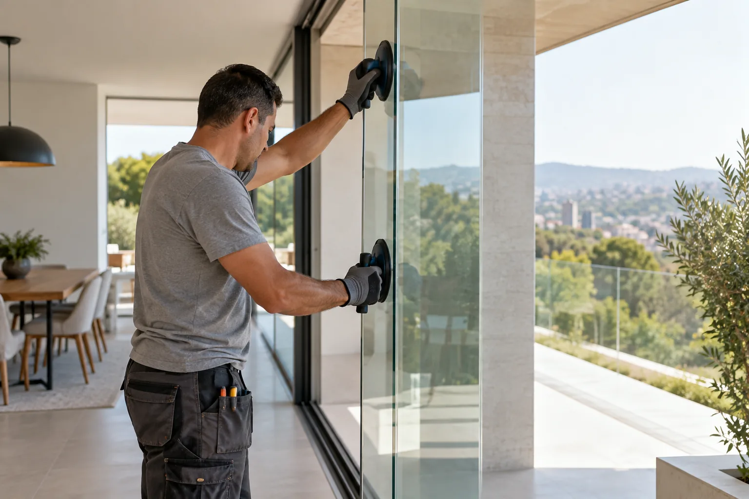 Profissional instalando painel de vidro em uma residência